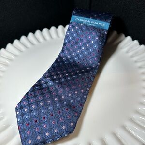 Haines & Bonner of London Silk Tie NWT- Gorgeous Blue with Pink, Red Geometrics